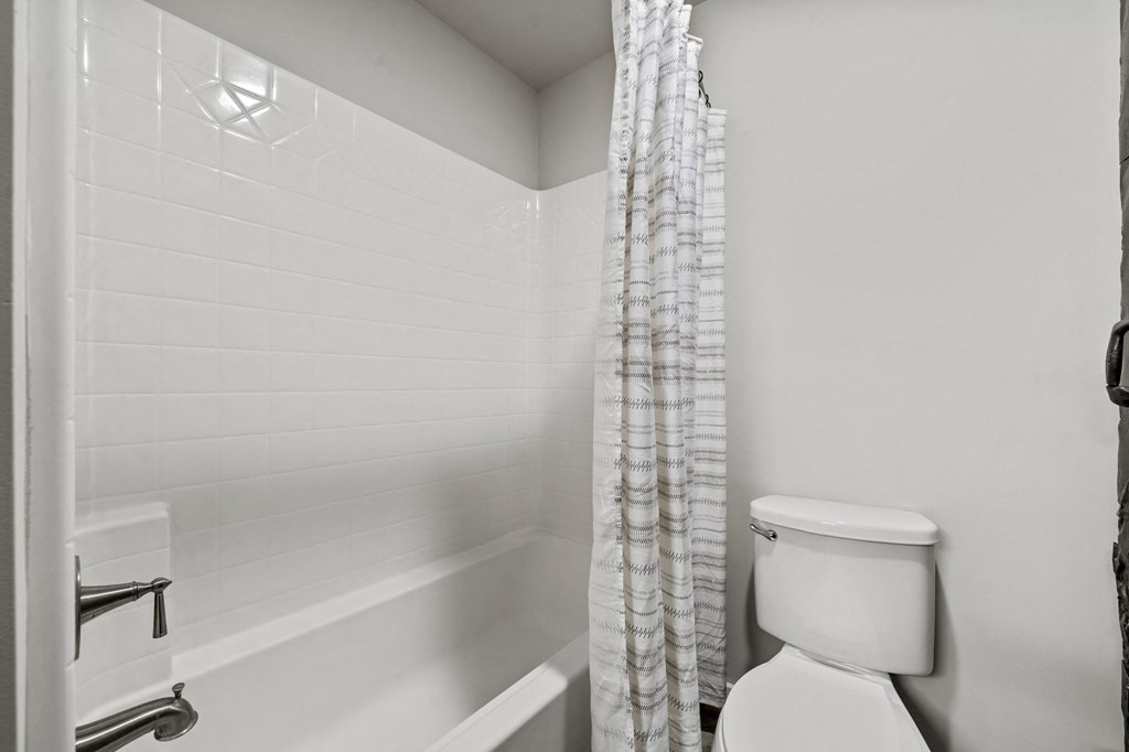 a bathroom with a bathtub and a toilet