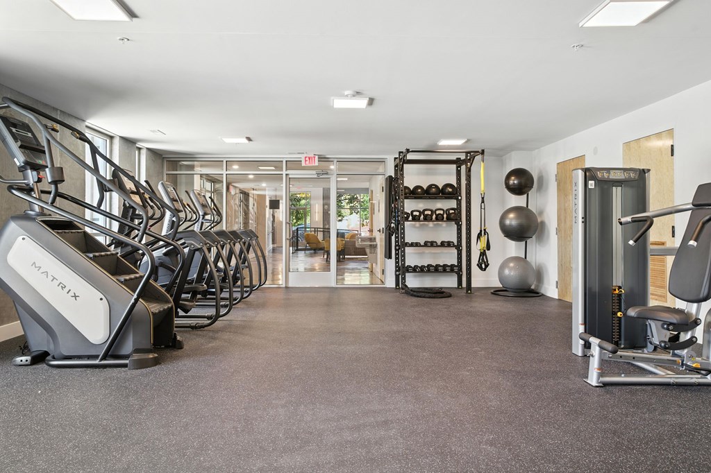 A gym with a variety of equipment including treadmills, weights, and a squat rack.