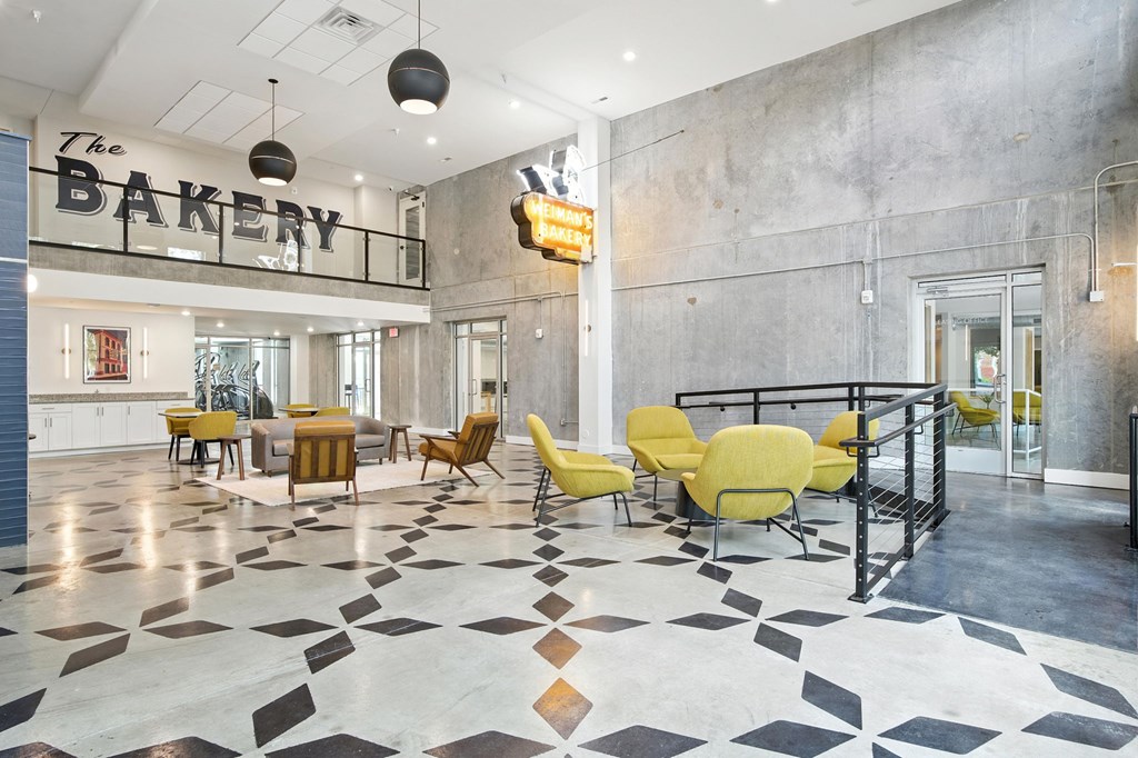 A bakery with a black and white checkered floor.
