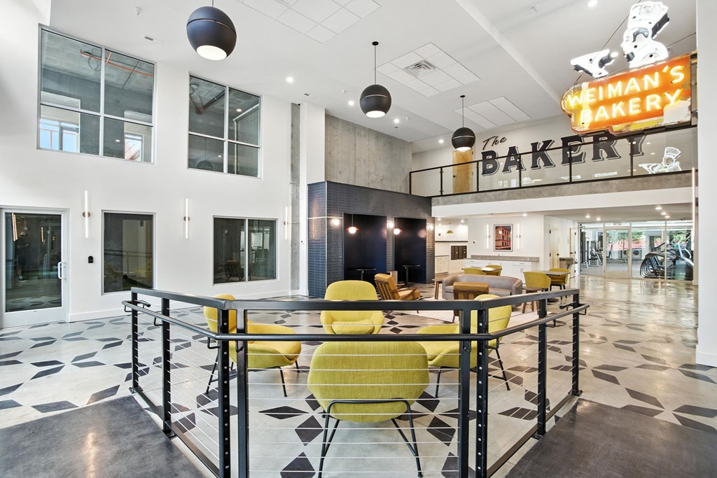 A bakery with a black and white floor.