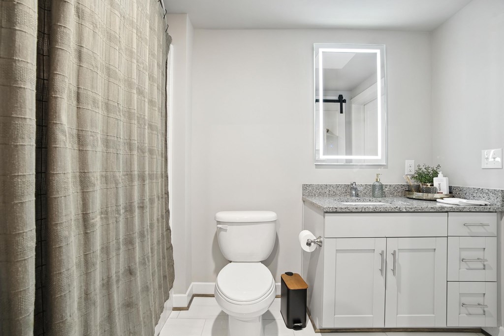 A bathroom with a toilet, sink, and mirror.