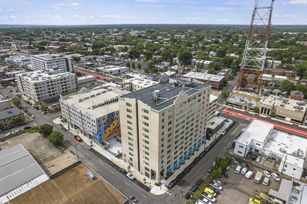 an aerial view of a large white building with a black roof at The Icon, Richmond, VA 23230