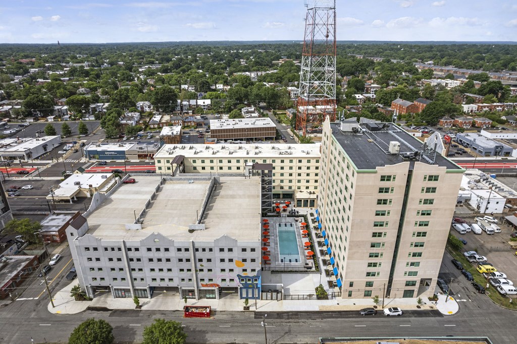 arial view of a large city with a crane in the background  at The Icon, Richmond, VA, 23230