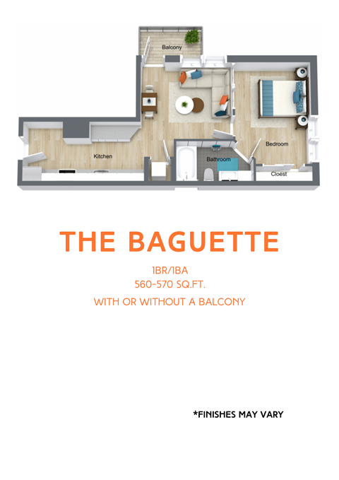 A floor plan of a baguette apartment with a kitchen, bathroom, and closet.