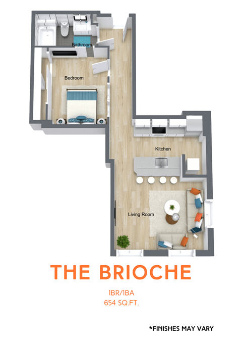 A floor plan of a one bedroom apartment with a living room and kitchen.