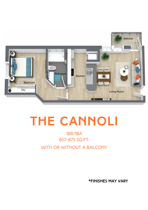 A floor plan of a one bedroom apartment with a balcony.