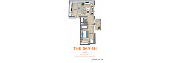A floor plan of a one bedroom apartment with a living room, kitchen, bathroom, and balcony.