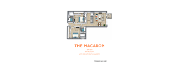 A floor plan of a 2BR/2BA apartment with a living room, two bedrooms, a balcony, and a kitchen.