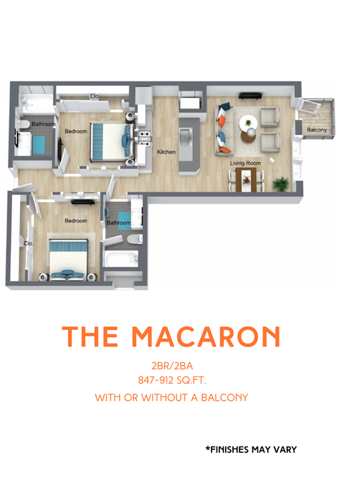 A floor plan of a 2BR/2BA apartment with a living room, two bedrooms, a balcony, and a kitchen.
