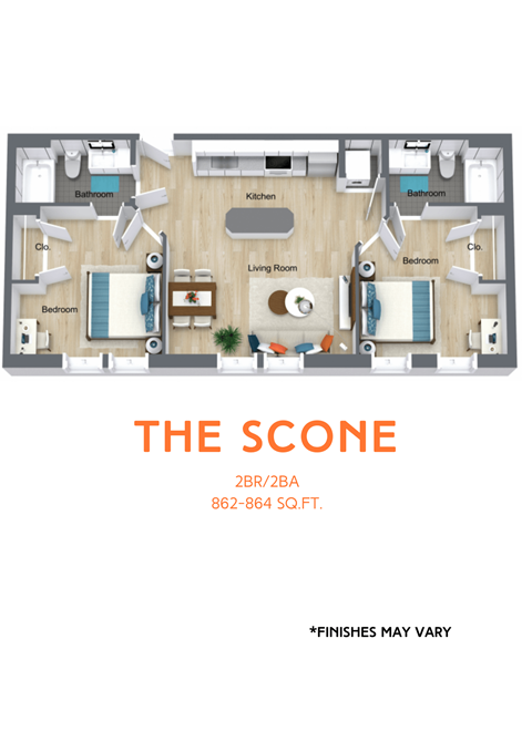 A floor plan of a two bedroom, two bathroom apartment.