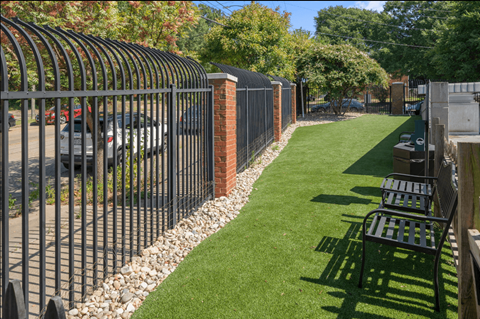 a yard with grass and a fence and benches
