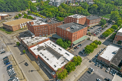 an aerial view of the courthouse and other buildings in the city