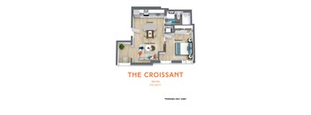 A floor plan of a one bedroom apartment with a living room, kitchen and bathroom.