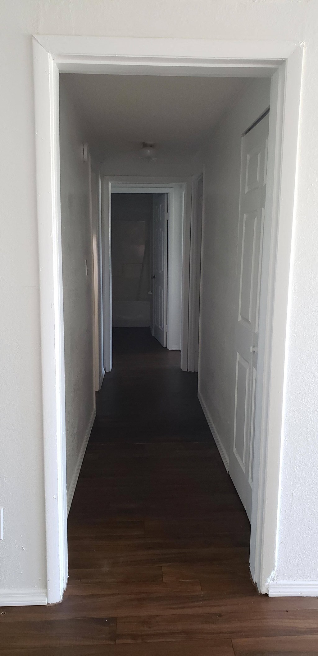 a hallway with wood floors and white walls and a white door