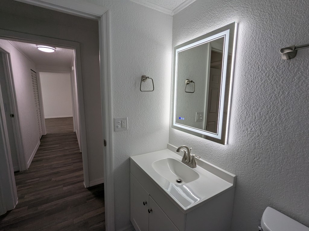 A bathroom with a sink, mirror, and toilet.