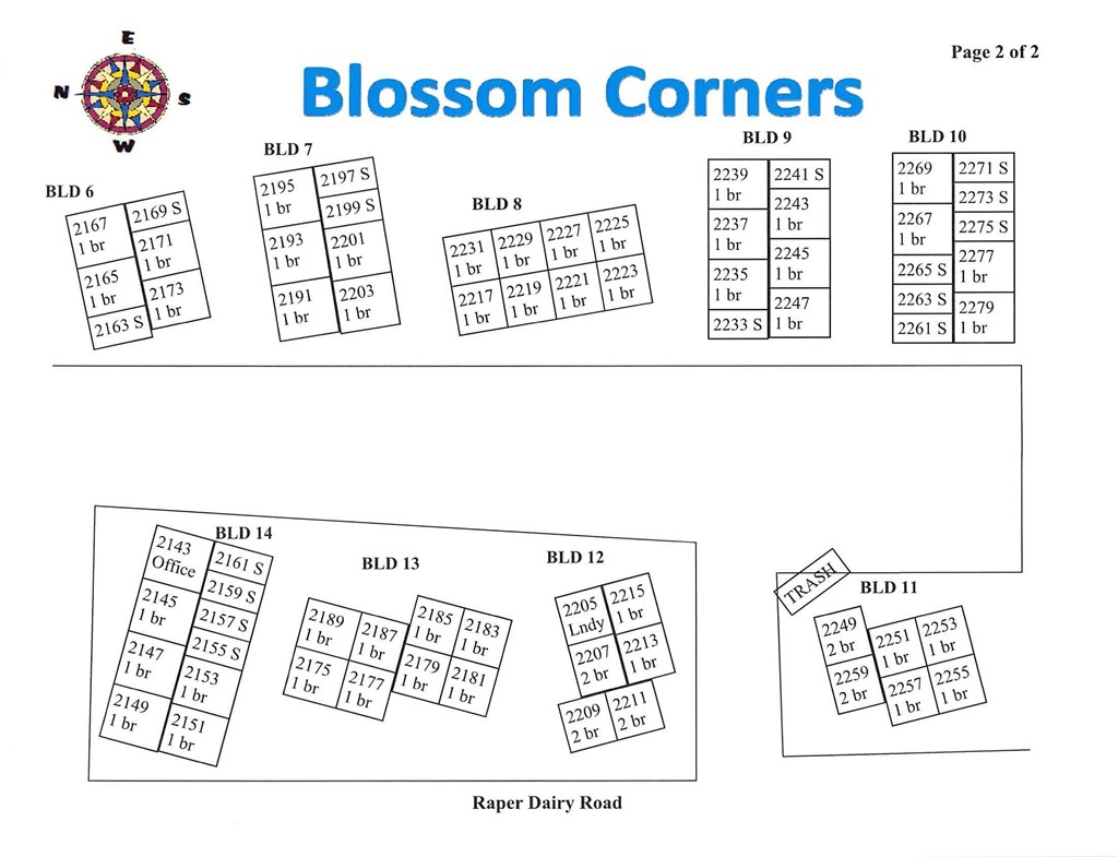 A map of Blossom Corners with six different blocks labeled BLD 6 through BLD 12.