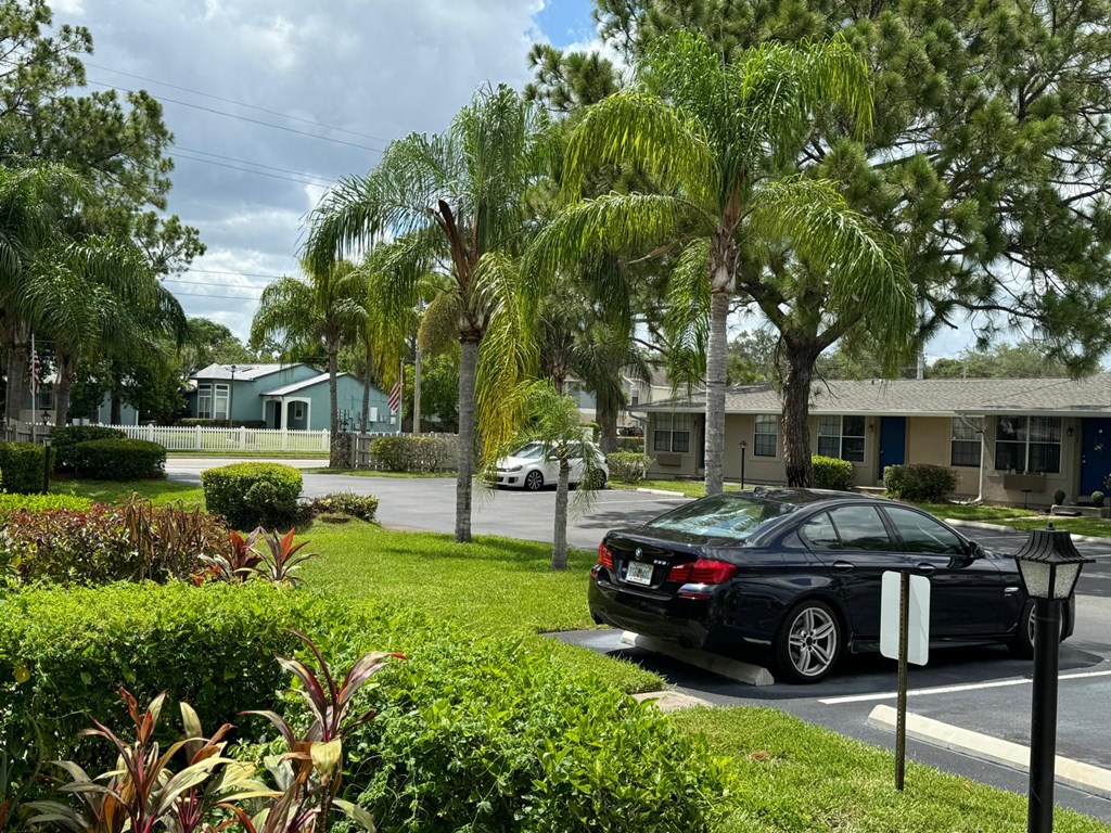 a black car parked in a parking lot