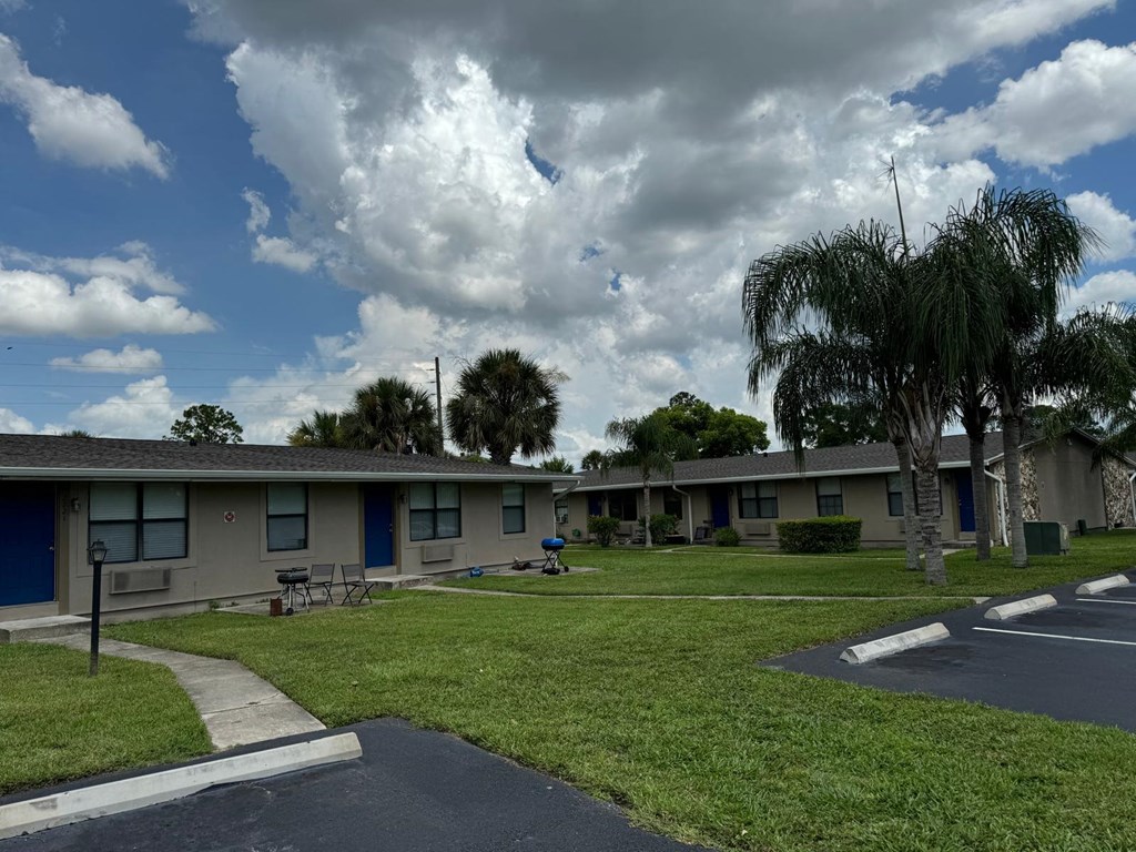 a row of houses with grass and palm trees
