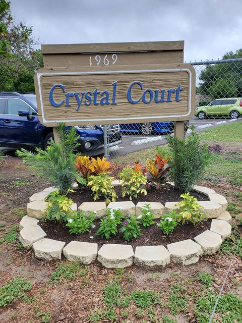 a display of plants in front of a sign forcystic court