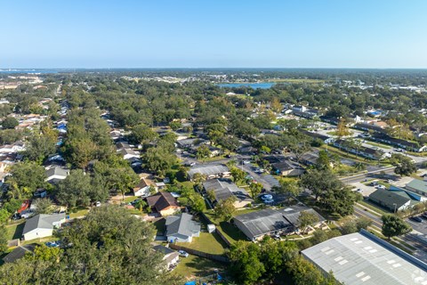 A bird's eye view of a residential area with houses and trees.