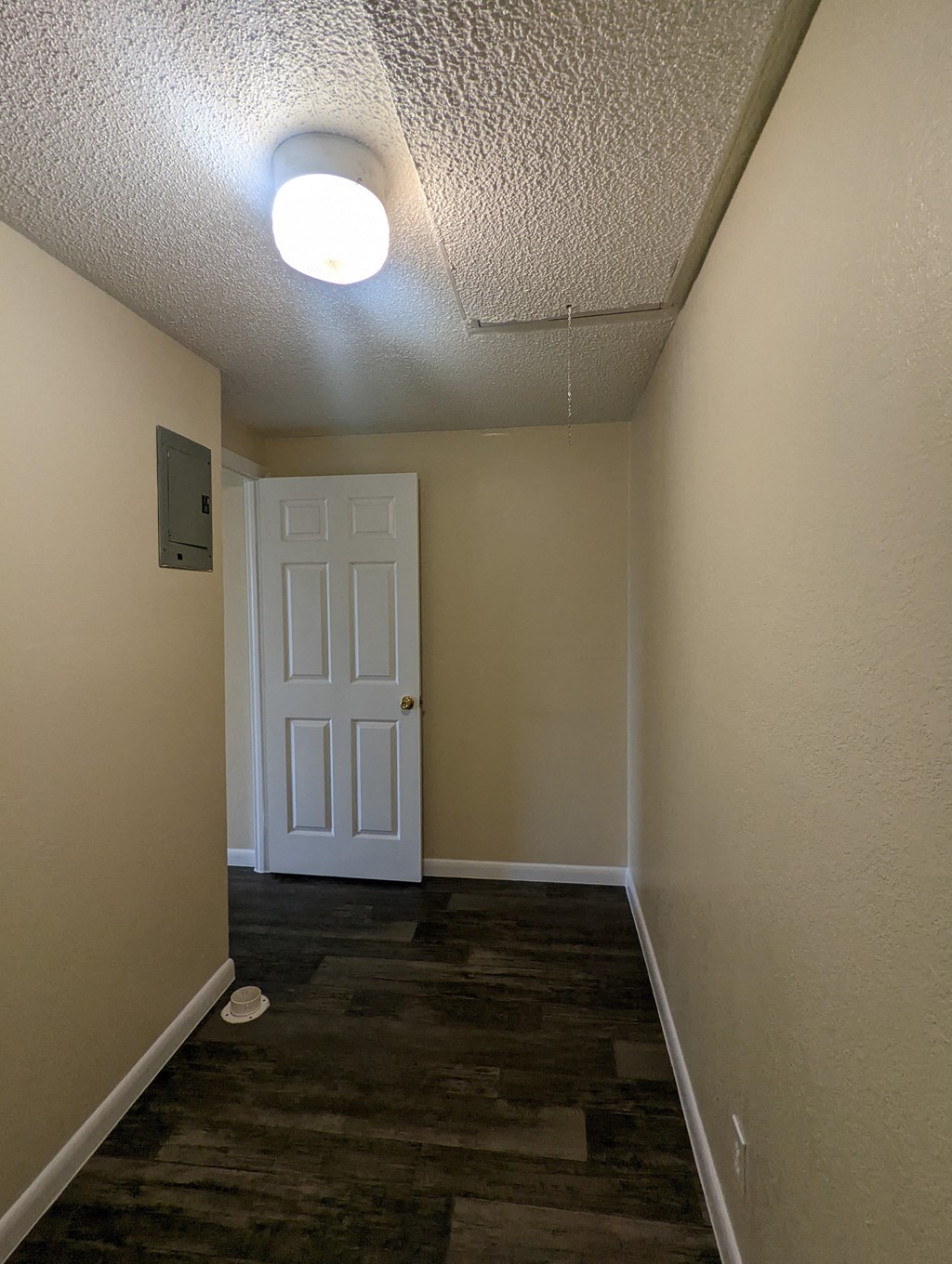 a hallway with a white door and wood flooring