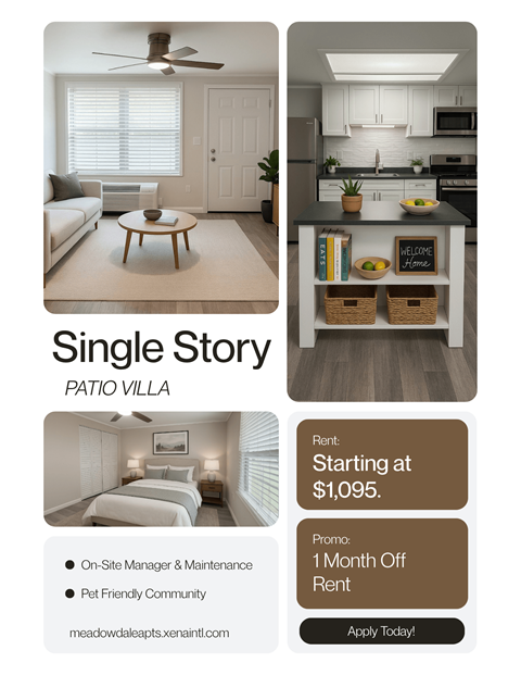 A flyer for a single story patio villa with a starting rent of $1,095.