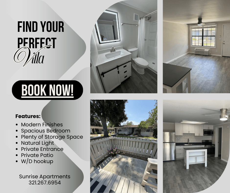 A real estate advertisement for a villa with images of the interior and exterior.