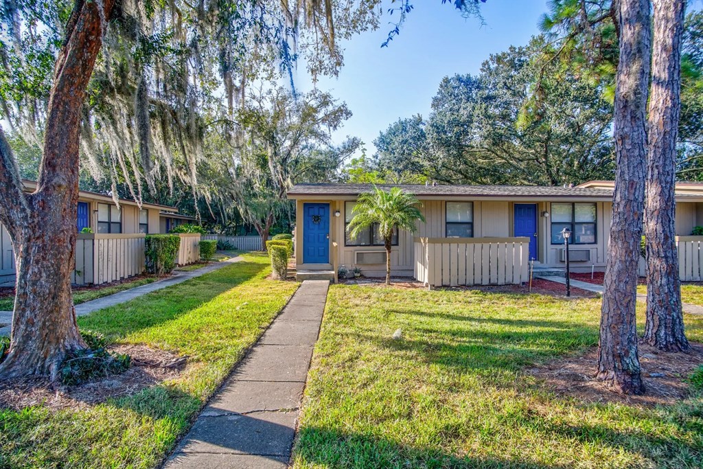 a house with a sidewalk and trees in front of it