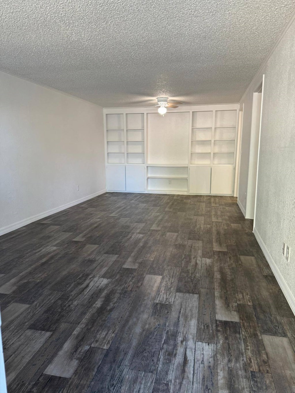 an empty living room with wood flooring and a closet