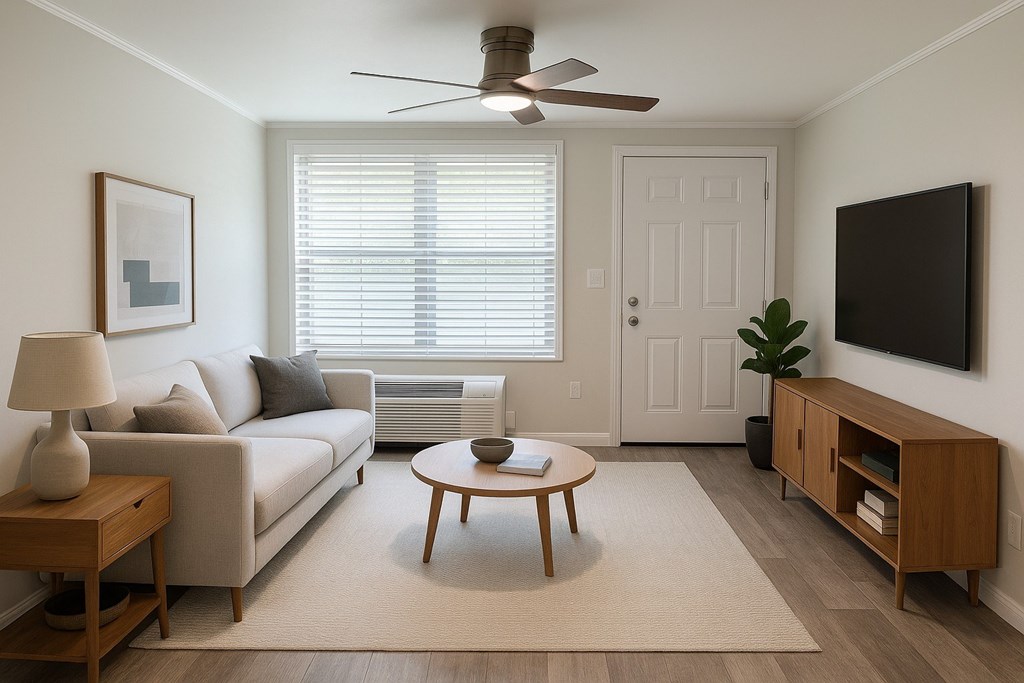 A living room with a couch, a coffee table, a side table, a television, and a plant.