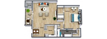 a stylized floor plan with a bedroom and a living room