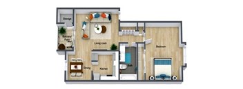 a furnished floor plan with a bedroom and a living room