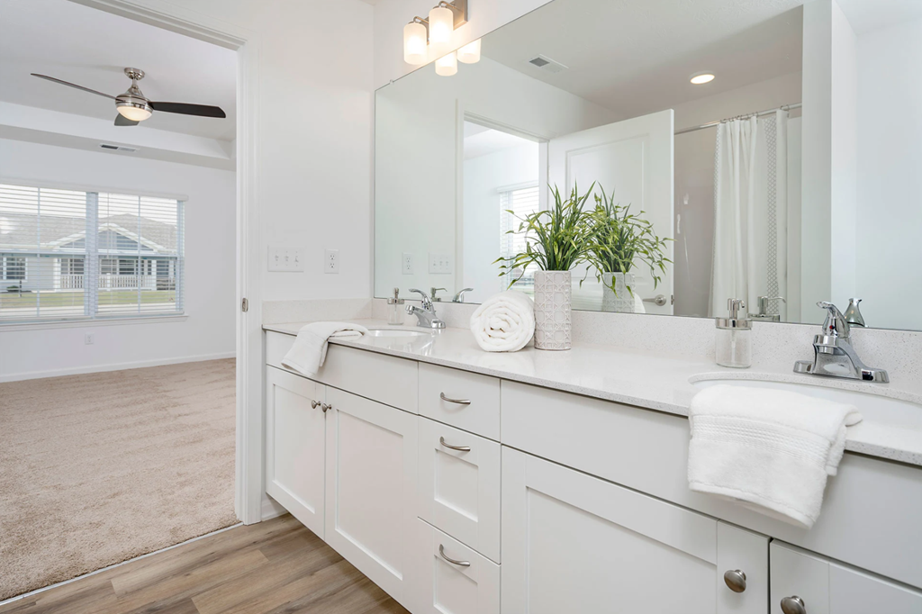 A bathroom with a large mirror, a fan, and a potted plant.