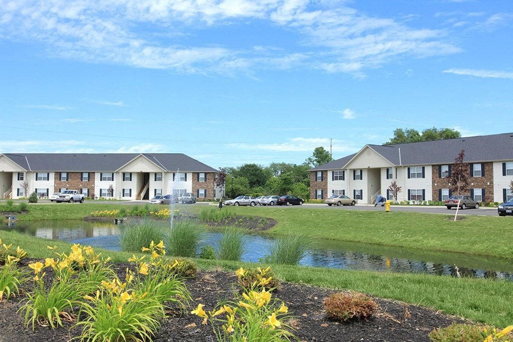 a pond in the middle of a community with houses