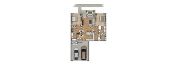 A floor plan of a house with a living room, dining room, kitchen, two bedrooms, a bathroom, a garage, and a covered porch.