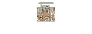 A floor plan of a house with a living room, dining room, kitchen, and two bedrooms.