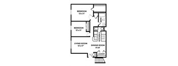 A floor plan of a small apartment with two bedrooms, a living room, a dining room, a kitchen, and a laundry area.