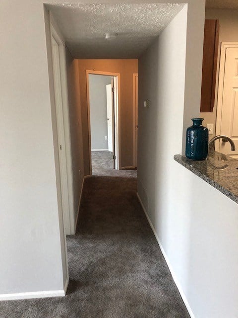a hallway with a carpeted floor and a blue vase