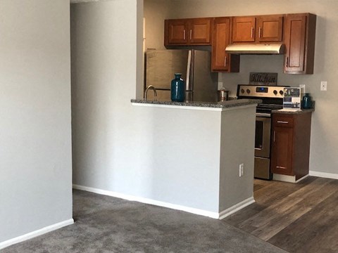 a kitchen with a counter and a stove and