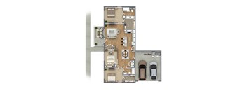 A floor plan of a house with two bedrooms, a living room, a dining room, a kitchen, a garage, and a storage area.