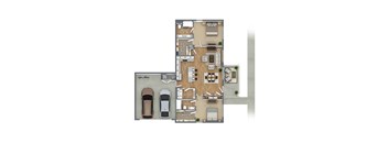 A floor plan of a house with two bedrooms, a living room, a dining room, a kitchen, a laundry room, a walk-in closet, a primary bath, and a covered porch.
