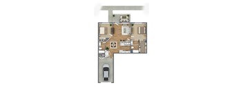 A floor plan of a house with a living room, dining room, kitchen, two bedrooms, a bathroom, a car garage, and a covered porch.