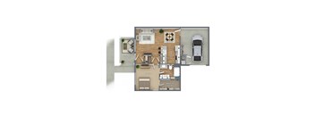 A floor plan of a house with a living room, dining room, kitchen, and a car garage.