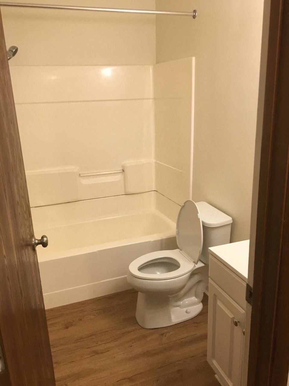 a bathroom with a toilet and a bath tub