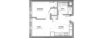 A black and white image of a floor plan for a small apartment.