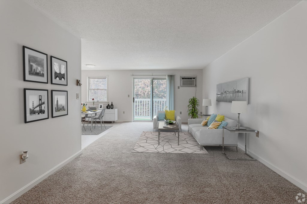 A living room with a grey sofa and a grey rug.