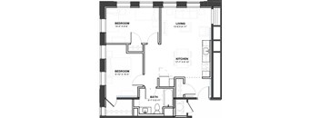 A black and white image of a floor plan for a home with a living room, kitchen, and two bedrooms.