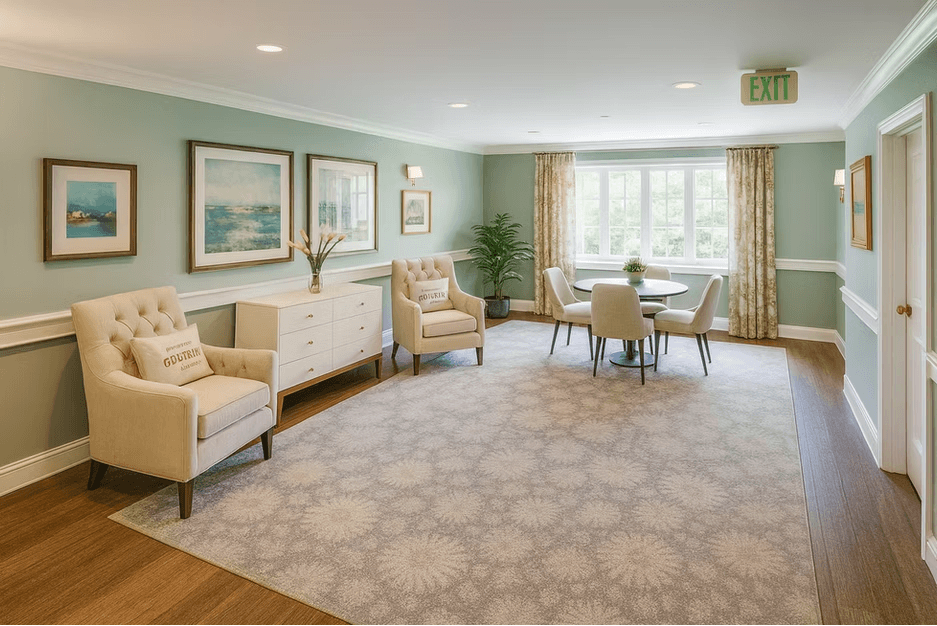 A living room with a sofa, chairs, and a rug.