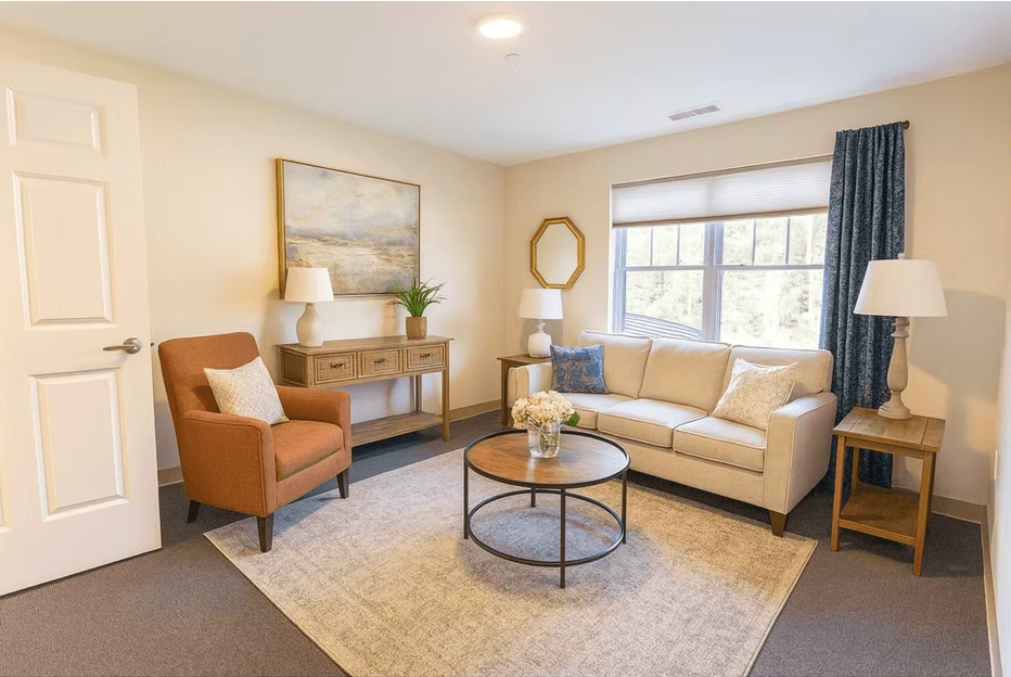 A living room with a sofa, armchair, and coffee table.