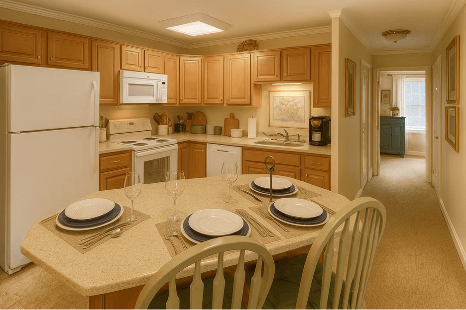 A kitchen with a table set for two.